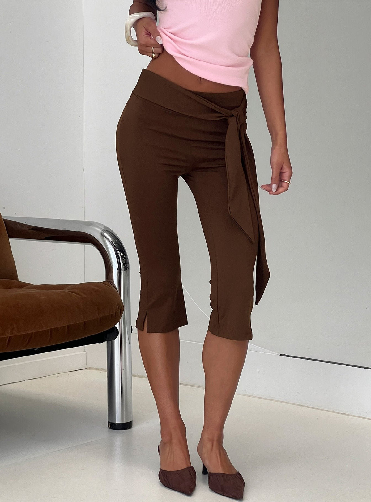 Lizana Tie Side Capri Pants Brown