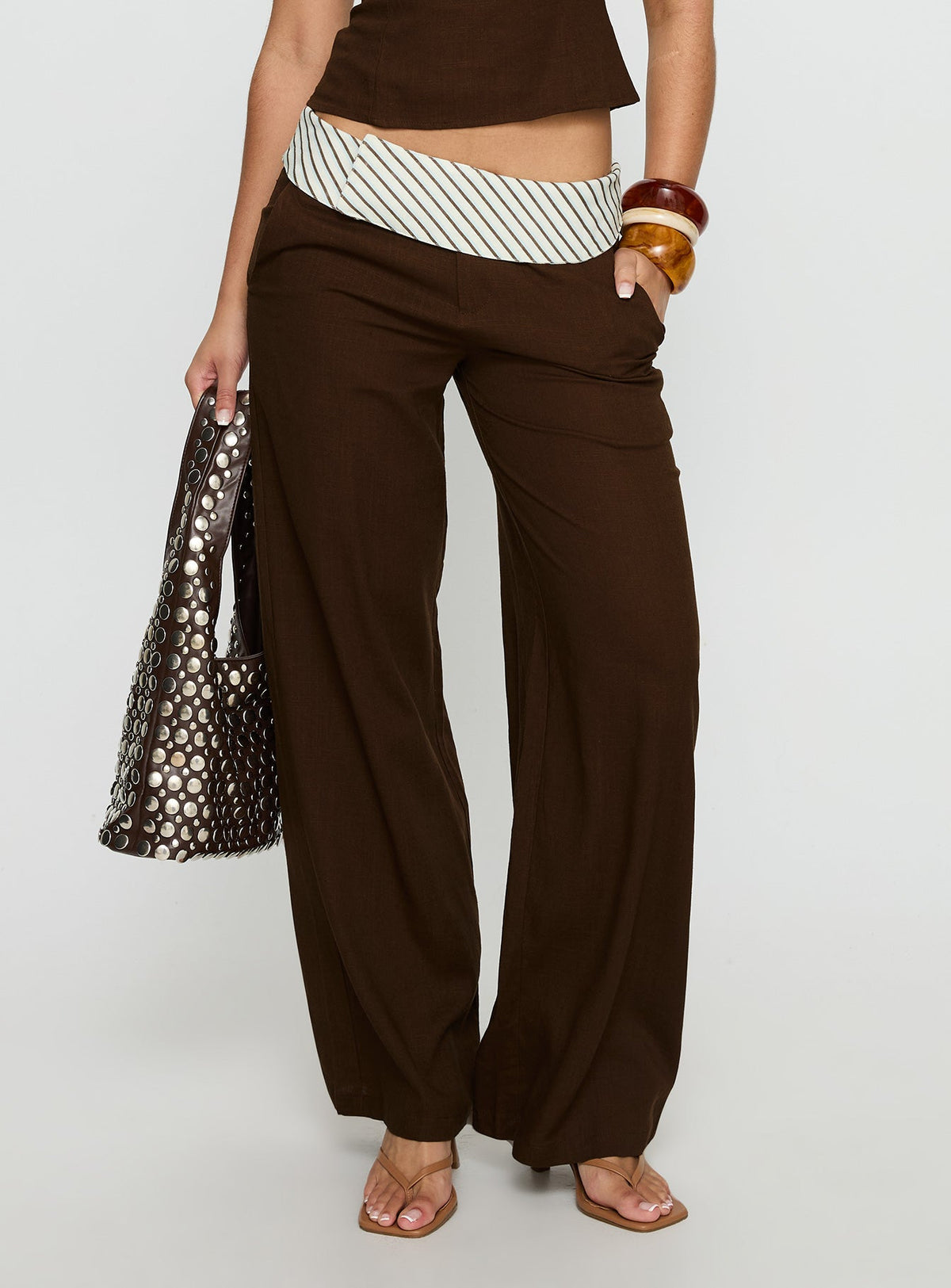 Past Life Fold Over Waistband Pant Brown / Stripe