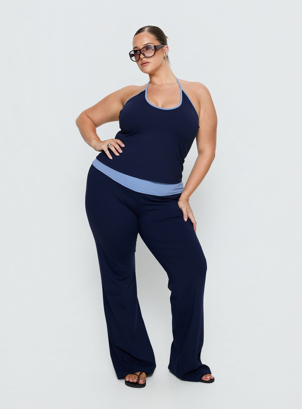 Kobee Jersey Flare Pants Navy / Light Blue Curve
