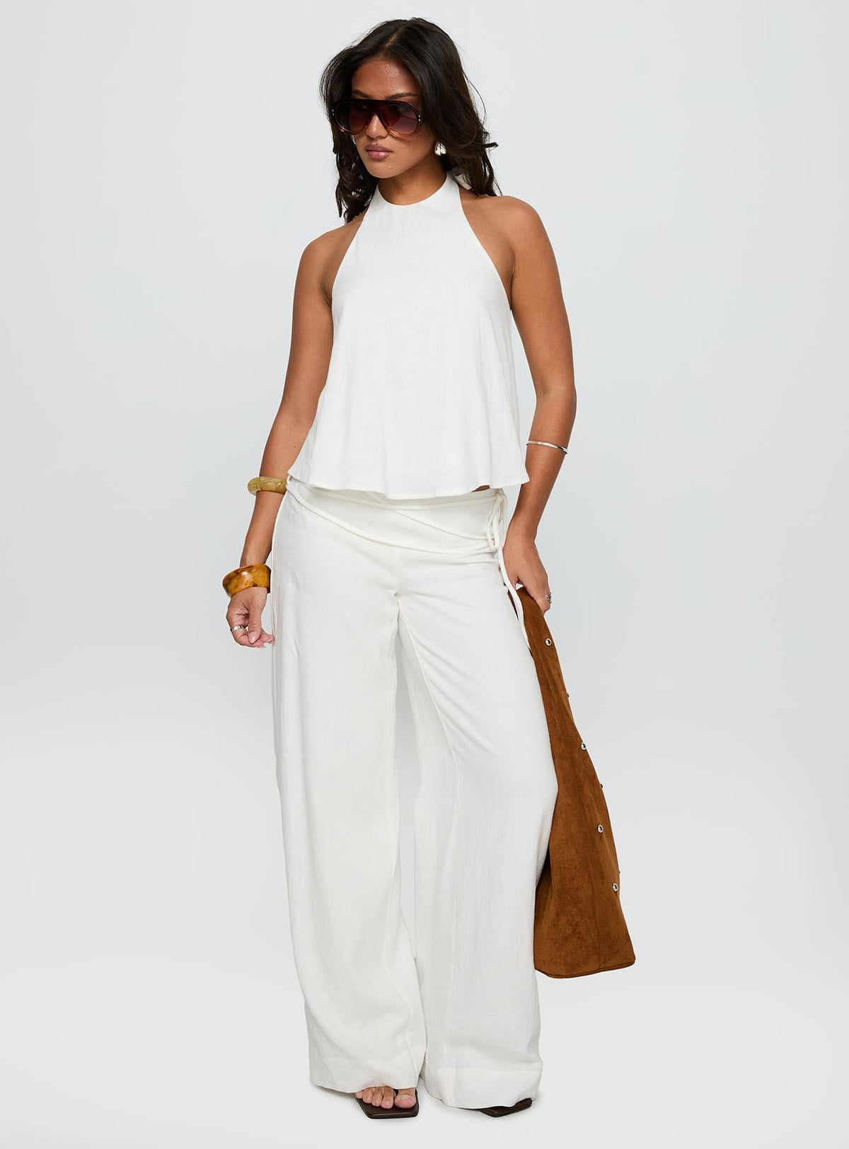 Silver Moon Linen Blend Tie Pants White