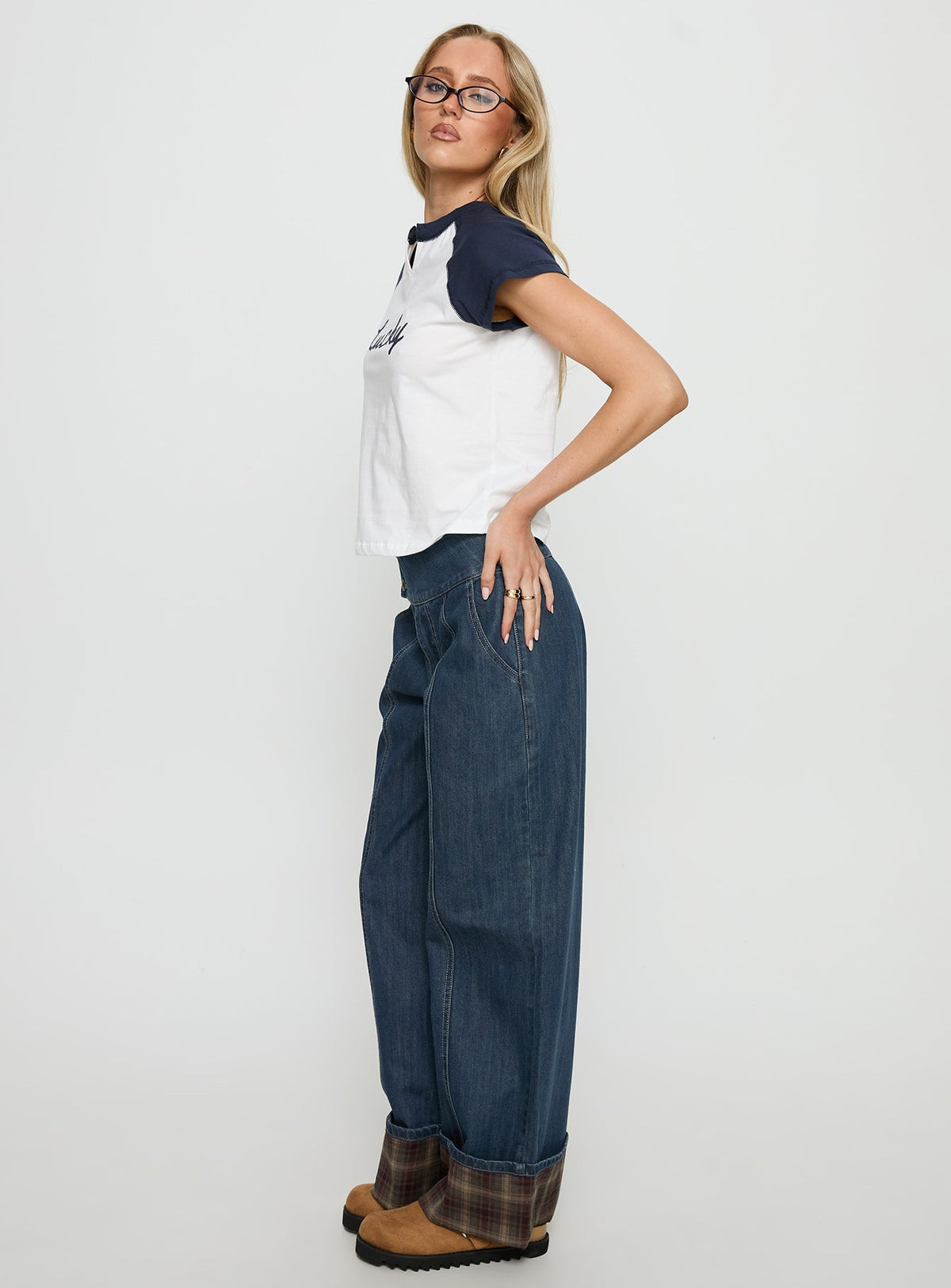 Nikoletta Foldover Jeans Dark Wash / Check