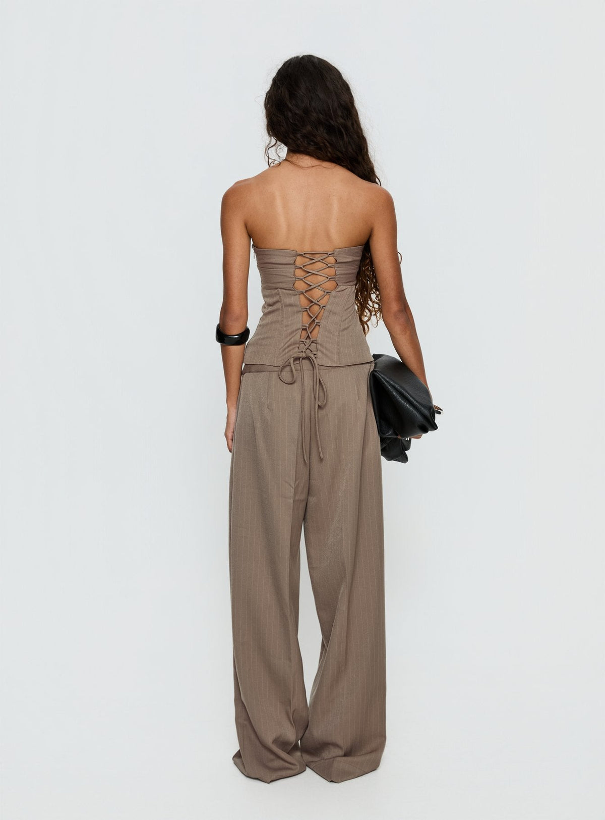 Madelle Mid Rise Straight Leg Pants Brown Pinstripe