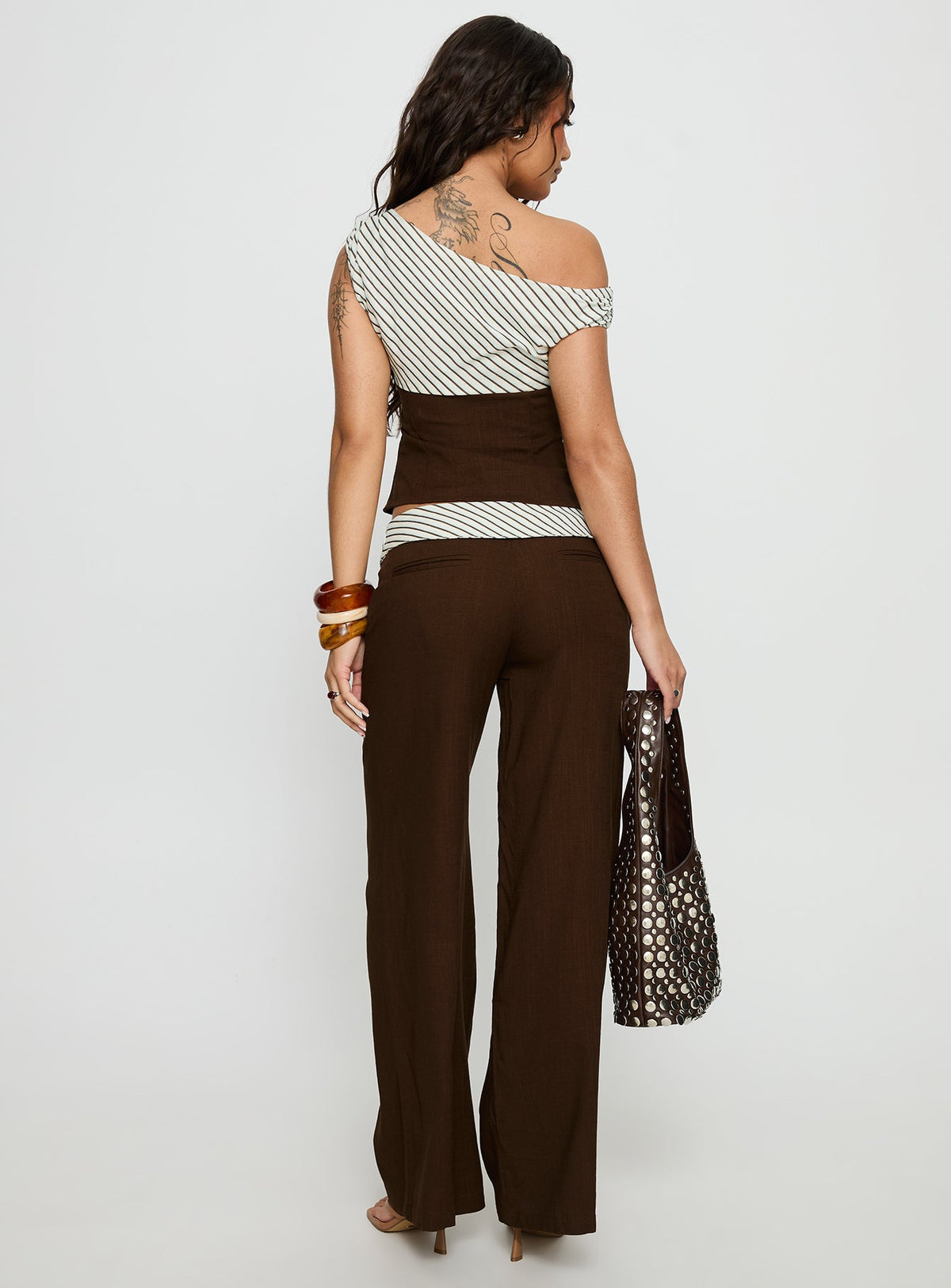 Past Life Fold Over Waistband Pant Brown / Stripe