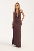 Luck + Trouble Edith Plunge Halter Maxi Dress Brown