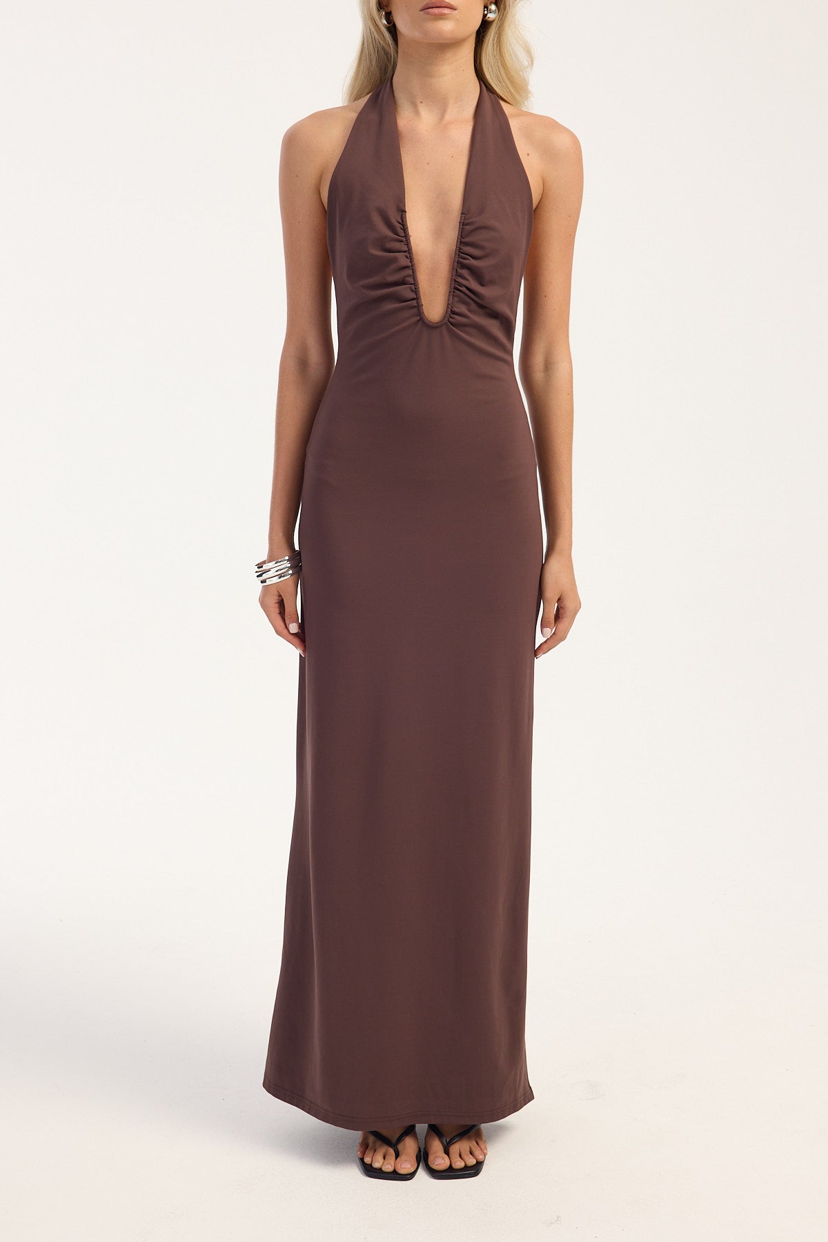 Luck + Trouble Edith Plunge Halter Maxi Dress Brown