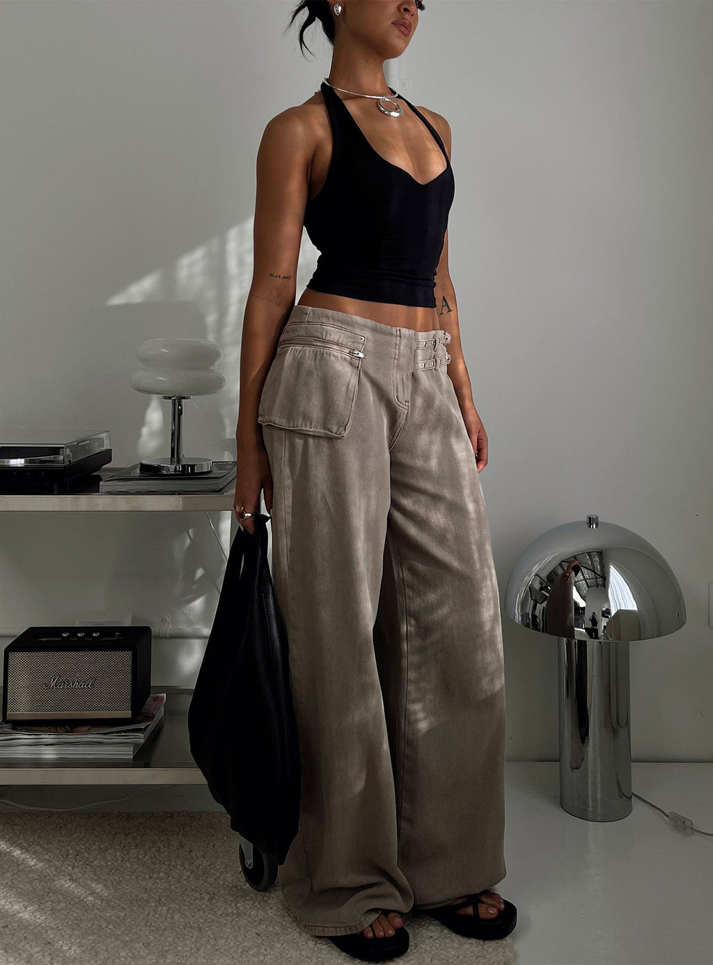 Paltrow Mid Rise Wide Leg Cargo Jeans Washed Brown